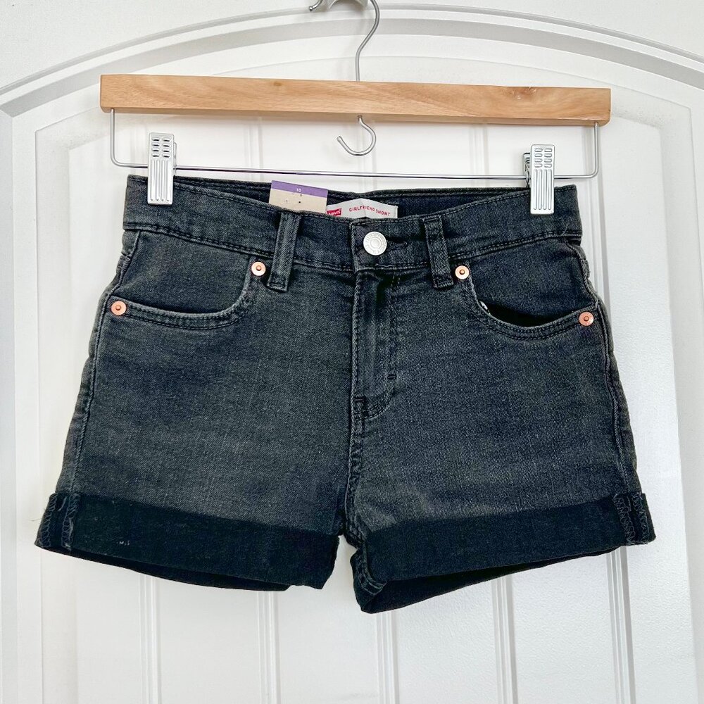 Levi's Girls' Kids Girlfriend Black Cuffed Hem Stretch Midrise Shortie Short 10 - Picture 10 of 13